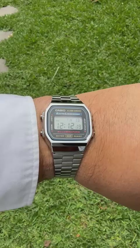 Esfera Casio Vintage A168W con luz electro-luminiscente azul El Salvador